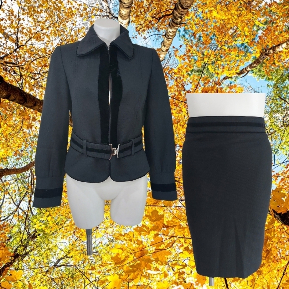 Zara Black Wool Blend Skirt Suit Belted Jacket Velvet Trim Sz Small